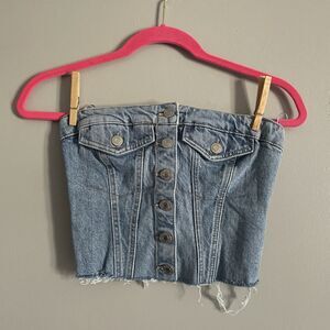 Zara Denim Corset Bustier Top Womens Small Blue Button Front Smocked Strapless
